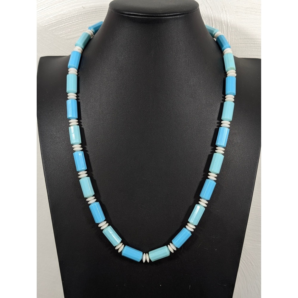 Vintage Blue White Lucite Bead Necklace Faceted Barrel Beads 25"